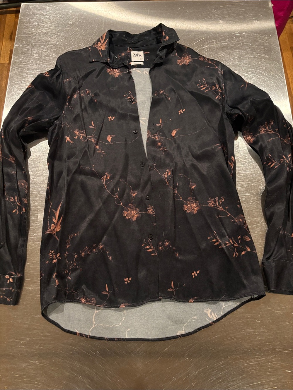 Zara Black Button-Down Shirt with Brown Floral Print